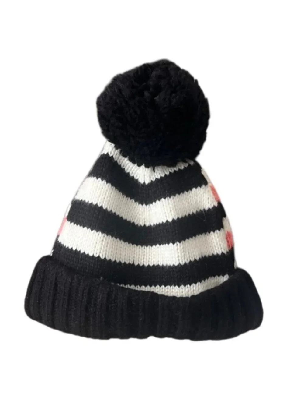 Kate Spade Heritage Pink, Ivory and Black Stripe Cuff Logo Pom Pom Beanie NWOT